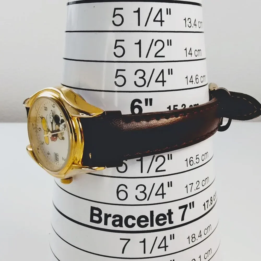 Disney Mickey Mouse Gold Toned Analog Watch Ladies Brown Leather